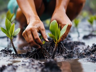 Hands Planting a Sapling in Muddy Soil for Environmental Conservation
