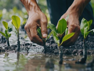 Planting Small Seedling in Watery Soil with Hands Showing