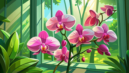 Obraz premium Beautiful Pink Orchids in Bloom by a Sunlit Window, Showcasing Their Delicate Petals and Vibrant Colors against a Lush Green Background in a Serene Setting