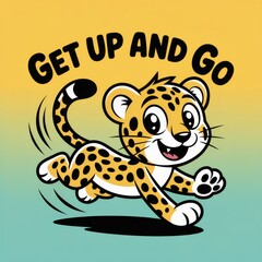 Fototapeta premium Playful Cartoon Leopard Illustration - Vibrant and Cheerful Animal Character in Motion on Yellow Background