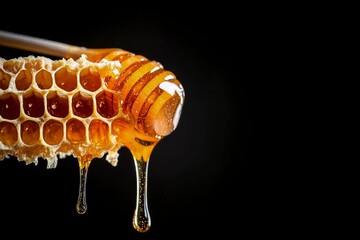 Honey Dripping From a Wooden Dipper Into a Honeycomb on a Dark Background