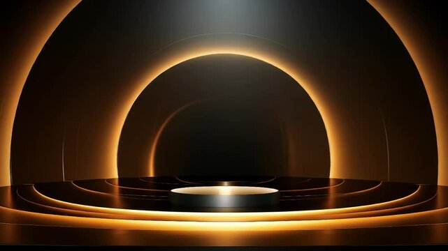 Luxury awards podium: empty black stage with golden circle light effects for product display. Elegant presentation backdrop, virtual event animation, 4K seamless loop.