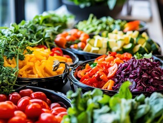 Variety of fresh cut vegetables and greens arranged buffet style in black serving bowls