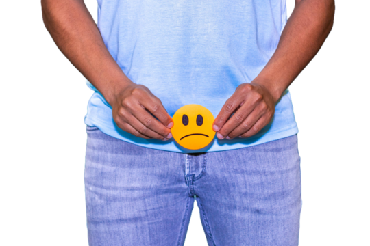 Man suffering from prostate cancer holding sad face emoji.