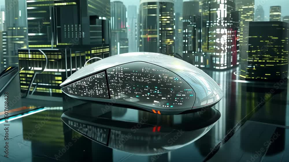 Poster futuristic computer mouse with glowing elements in a sleek technology environment showcasing an adva