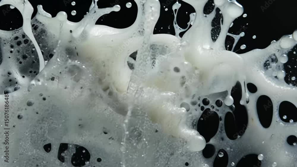 Aufkleber Dynamic white foam splashes on black background showcasing fluid motion and captivating textures during dramatic slow motion capture in a clean and vibrant setting