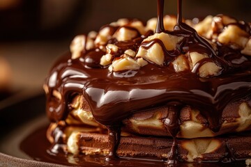 Stack of Waffles with Chocolate Syrup and Macadamia Nuts Being Poured