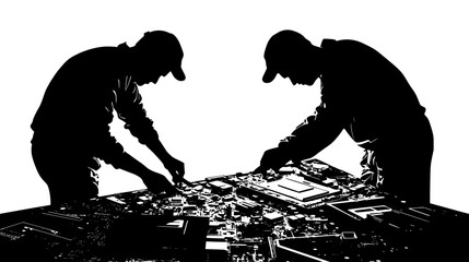 Workers disassembling electronics for parts, vector design