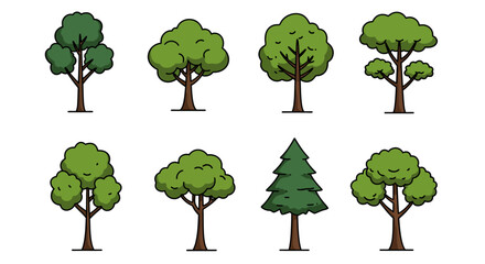 Collection of Simple Cartoon Tree Illustrations Eight Diverse Designs for Nature Projects