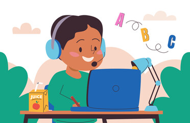 Cartoon boy in headphones on online lesson at home. Student have distance education class on laptop. Remote English language learning. Back to school, e-learning concept. Flat vector illustration.