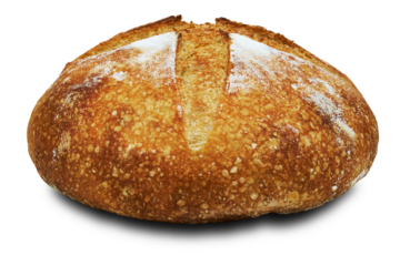 Sourdough bread loaf with a rustic crust and cross pattern on top, isolated on transparent background. PNG.
