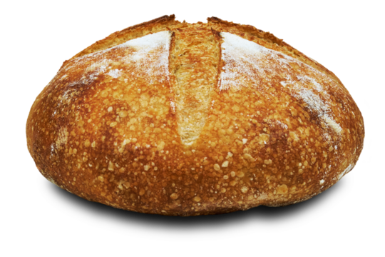 Sourdough bread loaf with a rustic crust and cross pattern on top, isolated on transparent background. PNG.