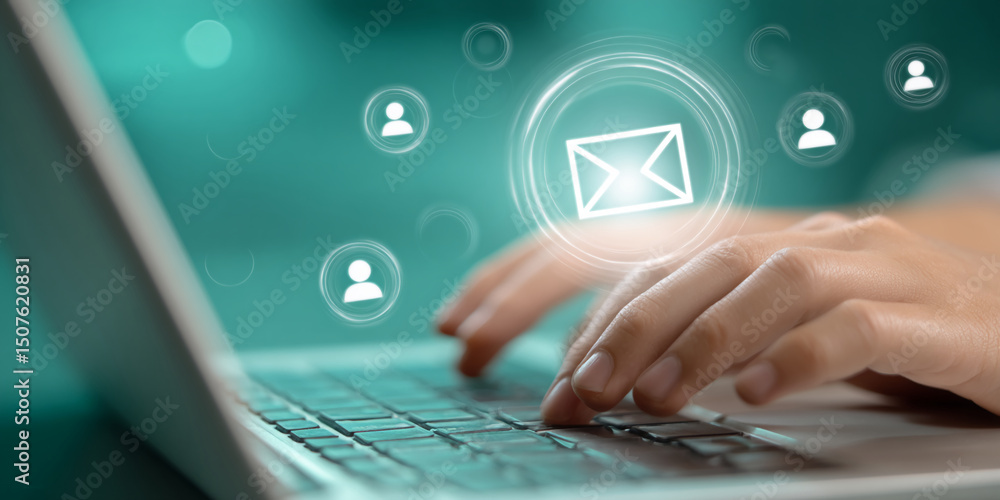 Poster communicating through email on a laptop with animated icons in a modern workspace setting