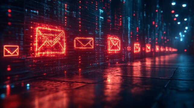 Futuristic digital corridor with glowing red mail icons and a dark reflective floor