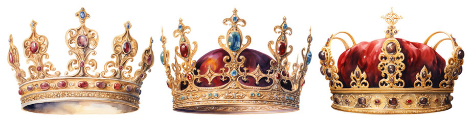 Fototapeta premium PNG Ornate royal crowns collection, element set on transparent background