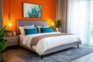 Modern bedroom with orange accent wall and contemporary decor