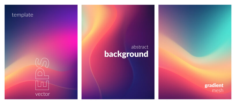 Abstract liquid background set. Gradient mesh. Effect bright color blend. Blurred fluid colorful mix. Modern design template for web covers, ad banners, posters, brochures, flyers. Vector image EPS