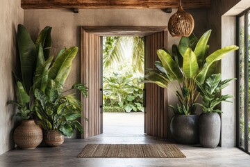 Serene tropical entryway with lush greenery and natural light