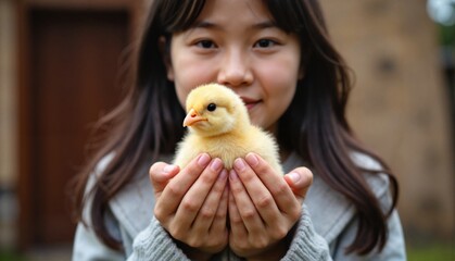 Smiling young girl holding a fluffy yellow chick in her hands outdoors against a natural blurred background, nurturing concept of agricultural education or pet care