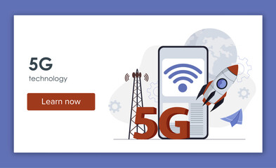 Fototapeta na wymiar 5g technology landing page. Tower near smartphone and rocket. Wireless internet connection. Modern technologies and innovations. Poster or banner for website. Flat vector illustration