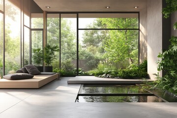 Fototapeta premium Modern minimalist living room with indoor garden and natural light