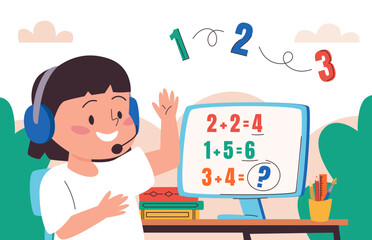 Young cartoon girl in headphones learning math online on distance class. Simple equation on computer screen. Student on remote education lesson. Back to school season concept. Flat vector illustration