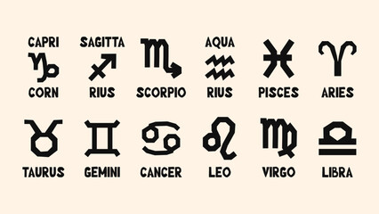 Creative zodiac calendar set with hand-drawn astrological symbols, floral cutout patterns, funky color combinations and playful modern composition.