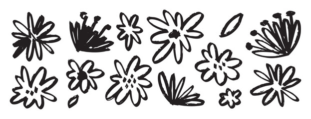 flowers black ink brush grunge drawing, monochrome botanical illustration isolated icons. Hand drawn floral vector elements clipart