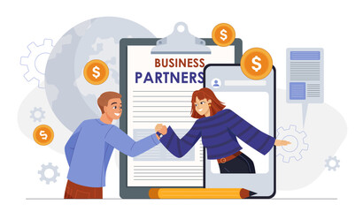Business partnership concept. Man and woman shake hands. Collaboration and cooperation. Businessman and investor make deal. Entrepreneurs work on common project. Flat vector illustration