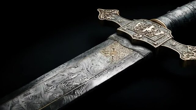 Elaborate decorative sword with patterned blade and ornate gold handle fittings on black background for ceremonial weapon depiction