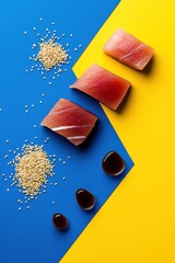 Decosntructed Seared Tuna with Sesame Seeds on Bold Background. Concepts of deconstructed food, seafood, raw fish, Japanese cuisine, fusion