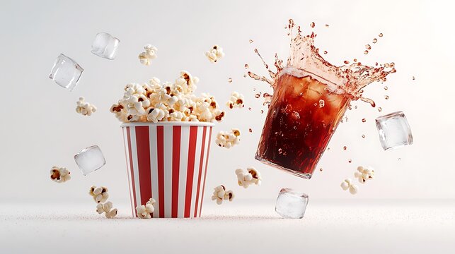 Popcorn and soda with ice cubes in a  setting. - Powered by Adobe