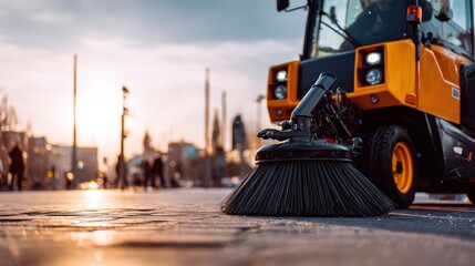 Street sweeping vehicle on city street at sunset with modern urban background