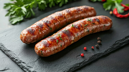 Grilled sausages seasoned with fresh herbs on a black slate board, creating a rustic and appetizing presentation.