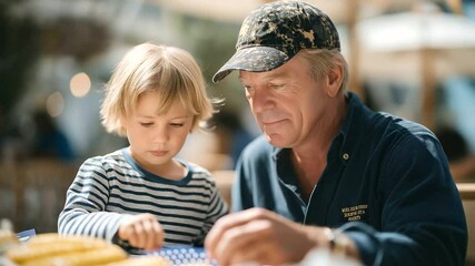A veteran guides a young child in the art of folding an American flag during a backyard barbecue. - Powered by Adobe