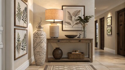 "Wide hallway console table with tall ceramic lamp, textured vase, key bowl, and botanical framed prints, subtle lighting and earth-tone color palette"
