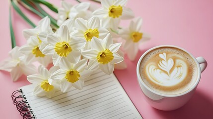 A bouquet of daffodils beside a latte art coffee cup on a lined notebook.