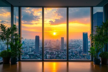 Stunning cityscape view with vibrant sunset from modern high-rise apartment