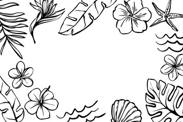 Hand drawn tropical summer frame with flowers, leaves, and sea elements. Black and white outline composition perfect for greeting cards, invitations, posters, coloring pages, and digital content.
