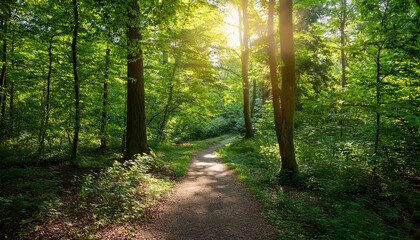 Obraz premium serene sunlit path through a lush green forest of trees creating a tranquil and peaceful atmosphere