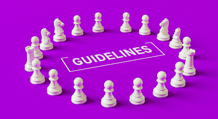 A circle of chess pieces around the word guidelines on a purple background in a studio setting