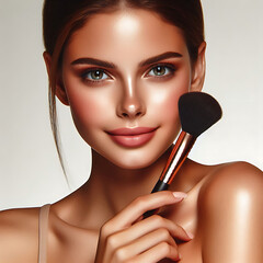 A confident young woman with glowing skin holds a makeup brush against her cheekbone, emphasizing her natural beauty and elegance. Perfect for beauty, skincare, or cosmetic advertisements focusing on