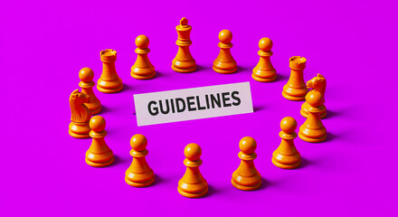 Chess pieces arranged in a circle around a guidelines sign on a purple background studio shot