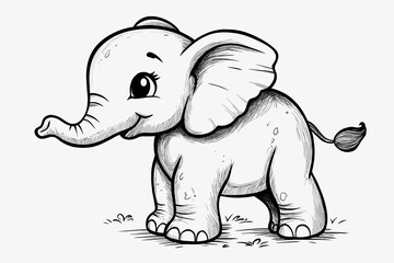 Obraz premium An adorable cartoon elephant sketched in black and white. A playful and whimsical illustration of a baby elephant calf.