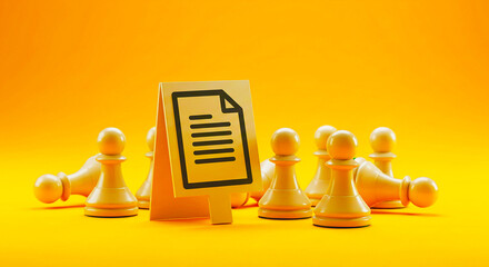 A document icon stands among white chess pawns on a bright yellow background in a conceptual illustration