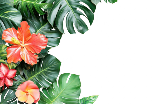 Tropical flowers and monstera leaves corner border isolated on transparent background