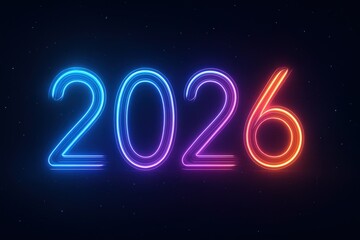 Neon glowing 2026 numbers on dark starry background. 