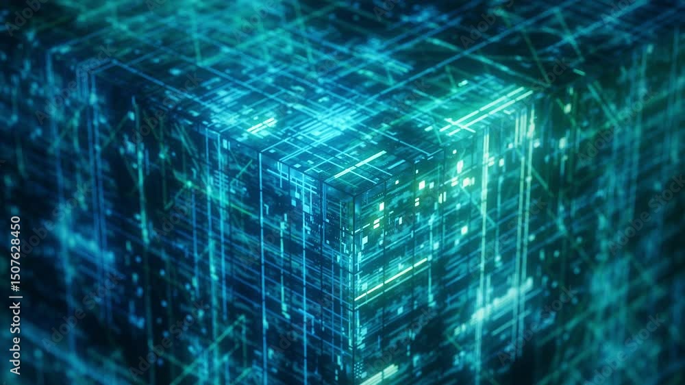 Poster technology animation. futuristic digital cube with glowing data lines, abstract 3d 4k animation. bok