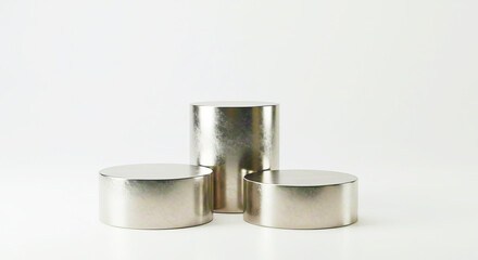 Three metallic cylinder podiums arranged on a white surface against a plain white background scene studio shot