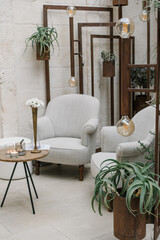 interior of a living room, or reception zone in office, spa centre, lounge zone with chairs and decoration